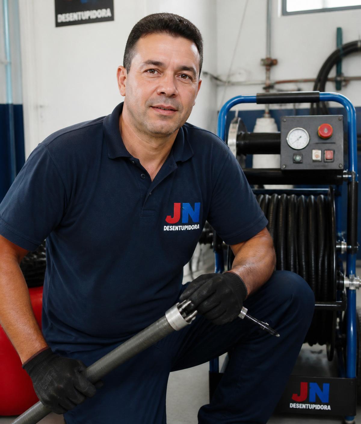 Técnico JN Desentupidora com equipamento profissional